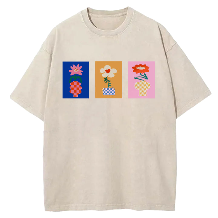 Vintage Flowers Design Washed Crew Neck T-Shirt