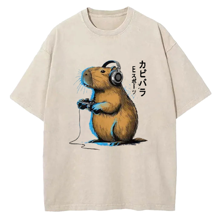 Capybara Video Games Lover Washed Crew Neck T-Shirt