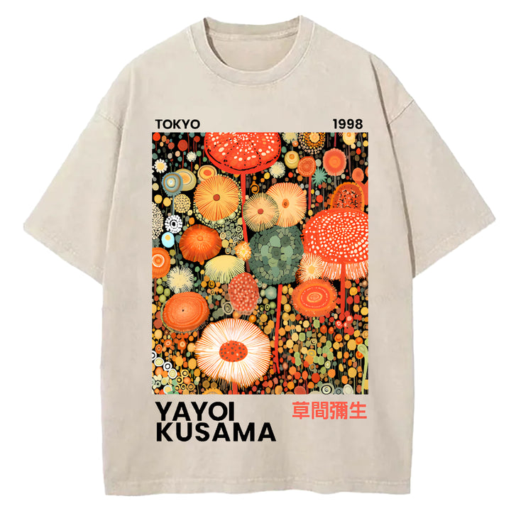 Yayoi Kusama Flower Vintage Design Washed Crew Neck T-Shirt