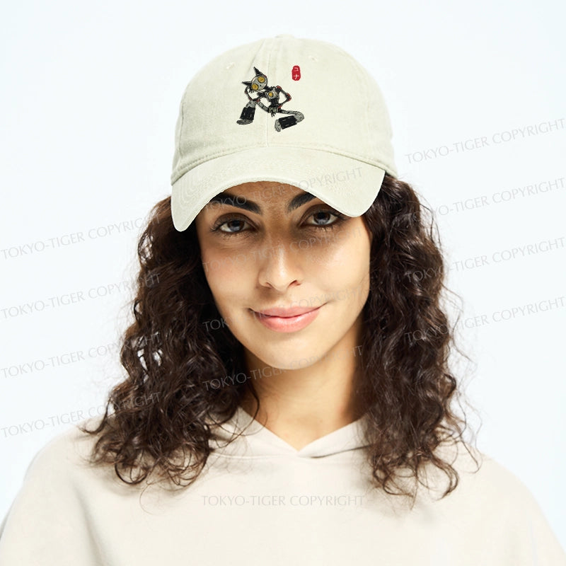 Contemplative Robot Cat Washed Cap