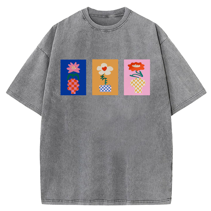 Vintage Flowers Design Washed Crew Neck T-Shirt