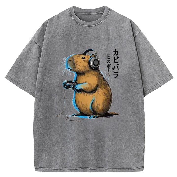 Capybara Video Games Lover Washed Crew Neck T-Shirt