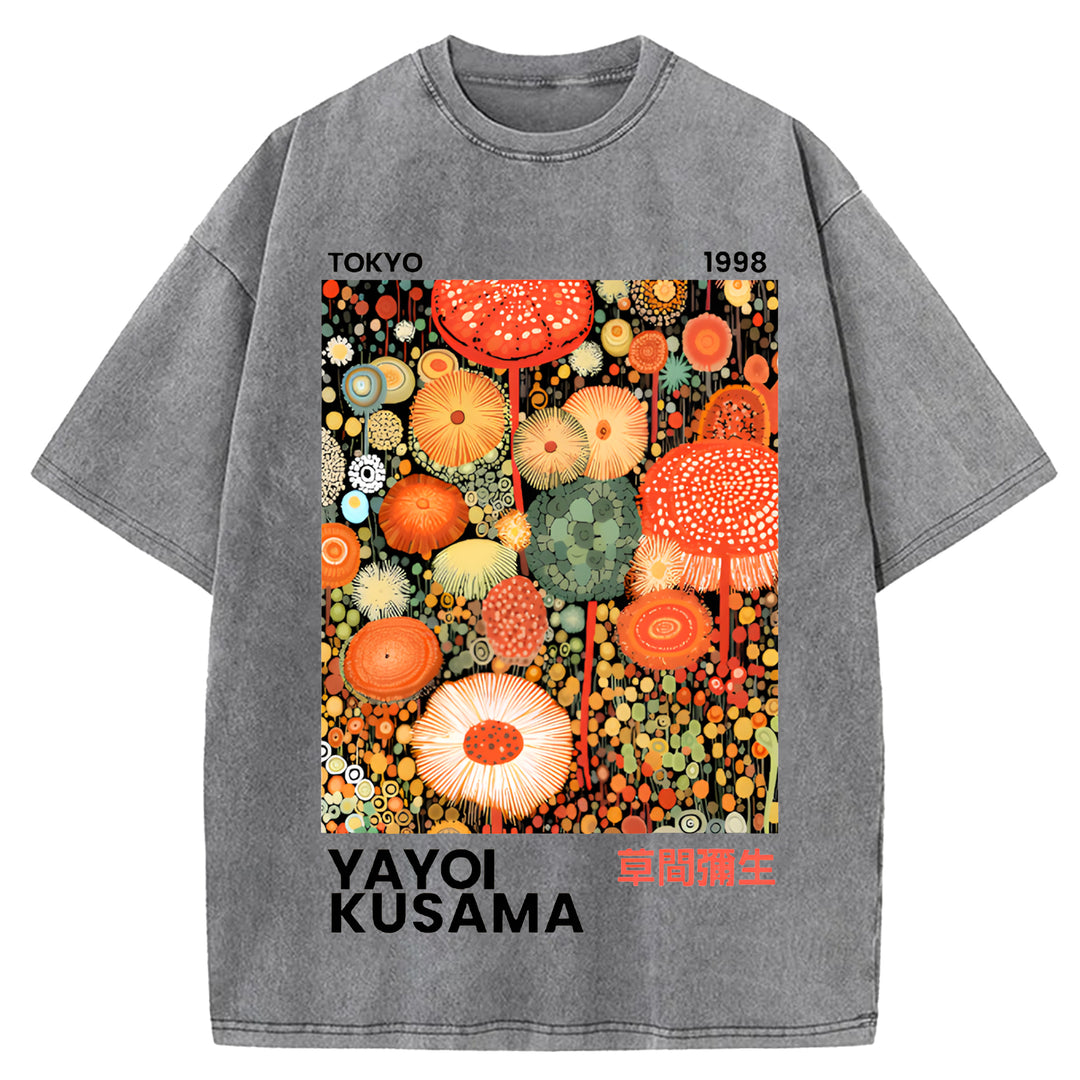 Yayoi Kusama Flower Vintage Design Washed Crew Neck T-Shirt