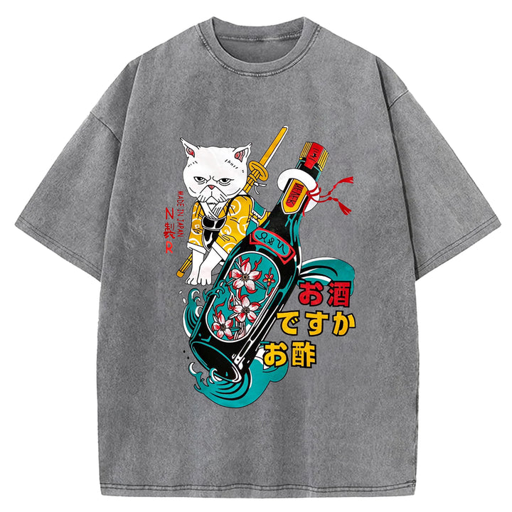Japanese Cat and Sakura Wine Crew Neck Washed T-Shirt