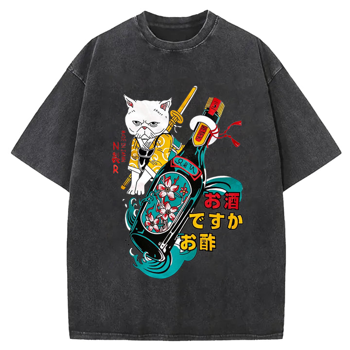 Japanese Cat and Sakura Wine Crew Neck Washed T-Shirt