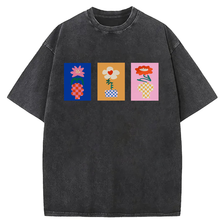 Vintage Flowers Design Washed Crew Neck T-Shirt