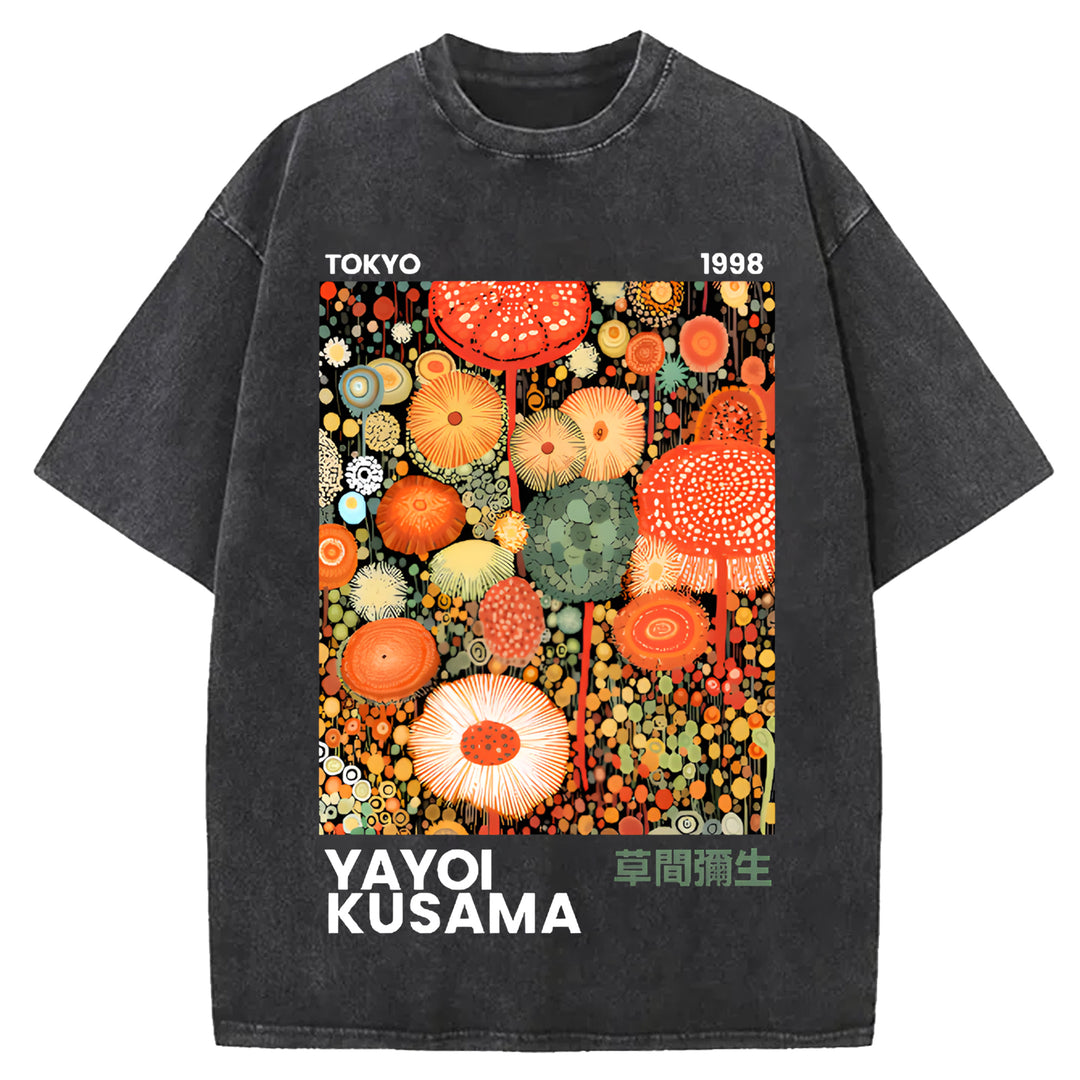 Yayoi Kusama Flower Vintage Design Washed Crew Neck T-Shirt