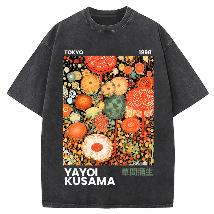 Yayoi Kusama Flower Vintage Design Washed Crew Neck T-Shirt