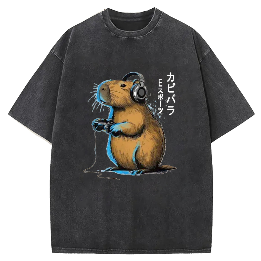 Capybara Video Games Lover Washed Crew Neck T-Shirt