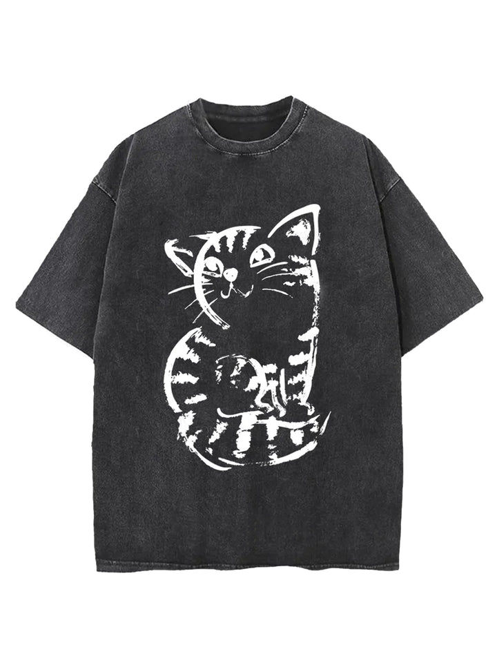 Retro Japanese Cat Washed Crew Neck T-shirt