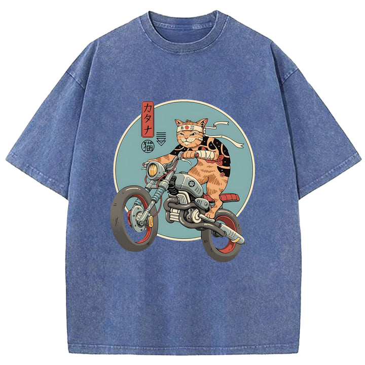 Cat on a Motorcycle Washed Crew Neck T-Shirt
