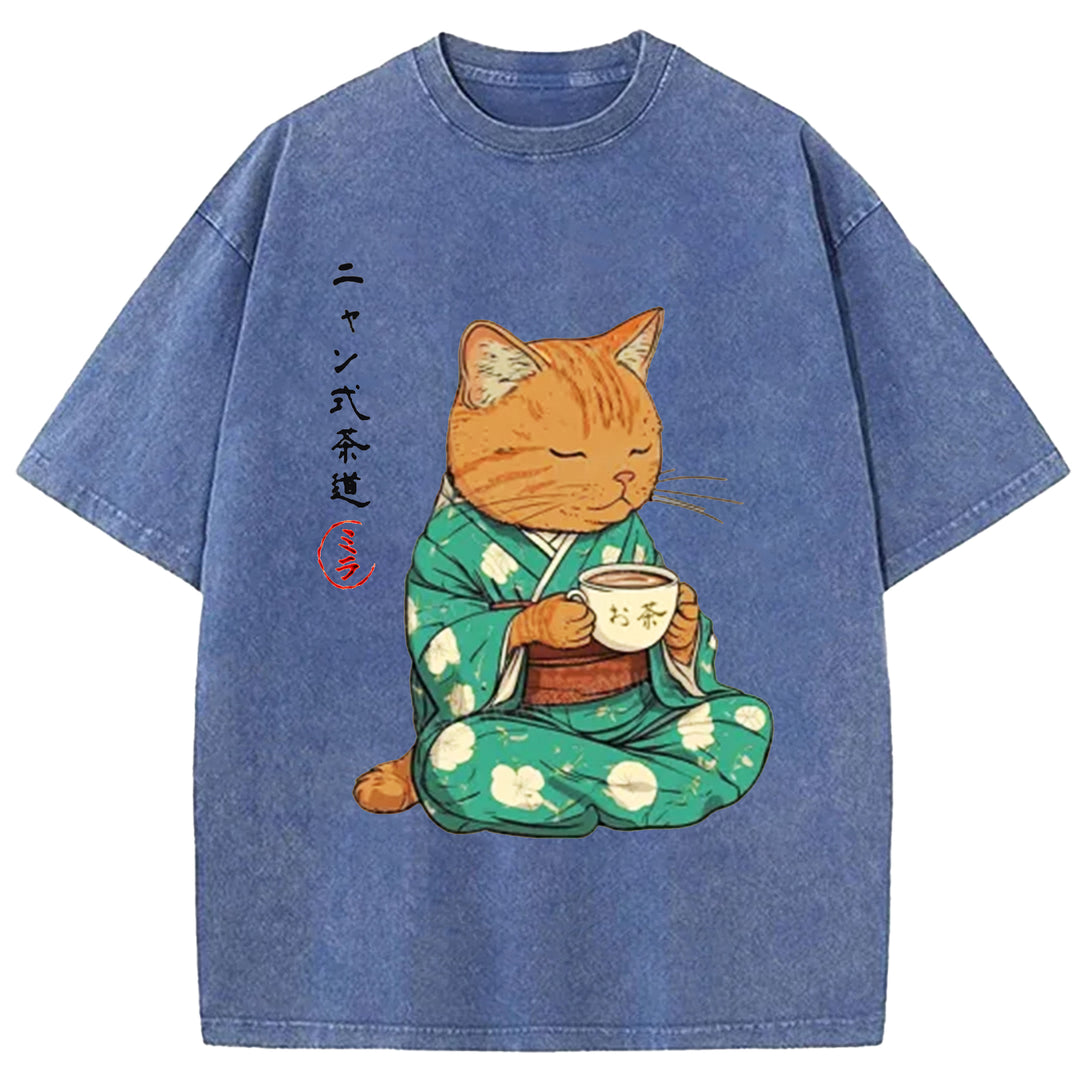 Japanese Cat Tea Washed Crew Neck T-shirt