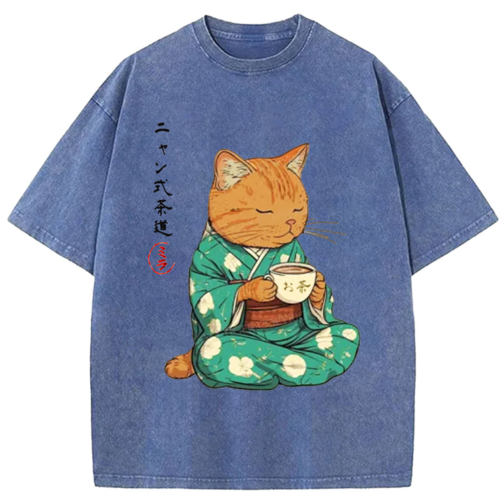 Japanese Cat Tea Washed Crew Neck T-shirt