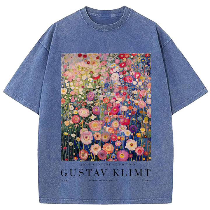 Gustav Klimt Print Vintage Design Washed Crew Neck T-Shirt