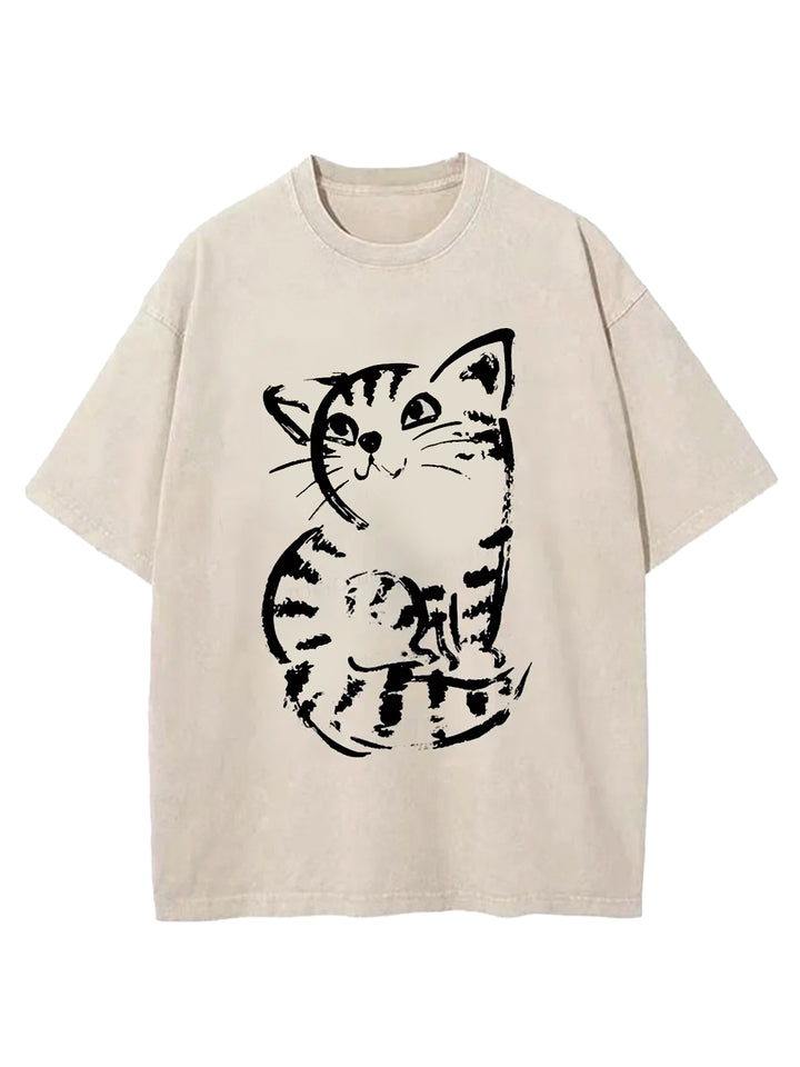 Retro Japanese Cat Washed Crew Neck T-shirt
