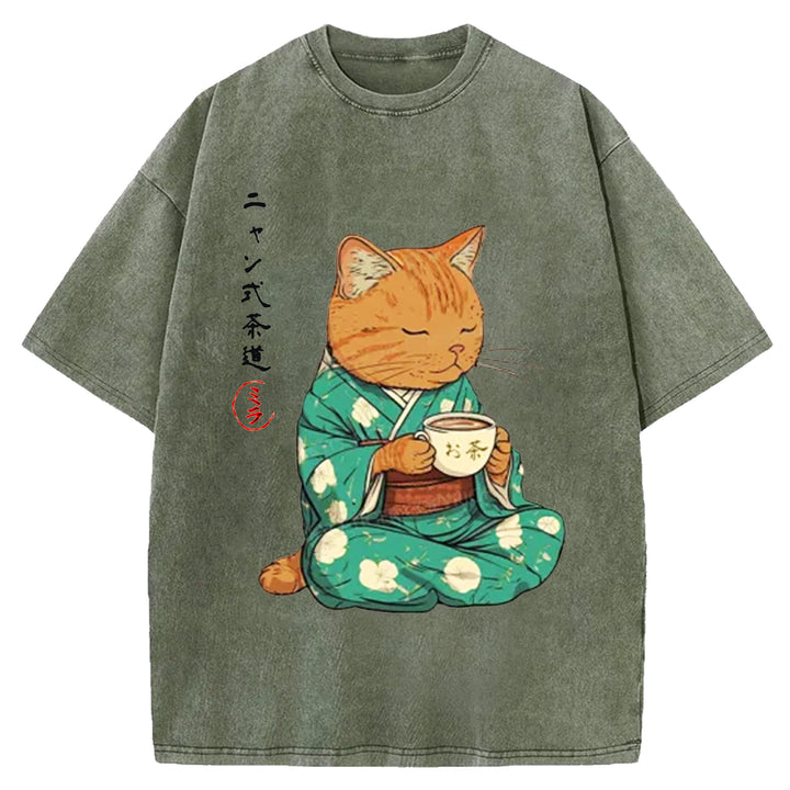 Japanese Cat Tea Washed Crew Neck T-shirt