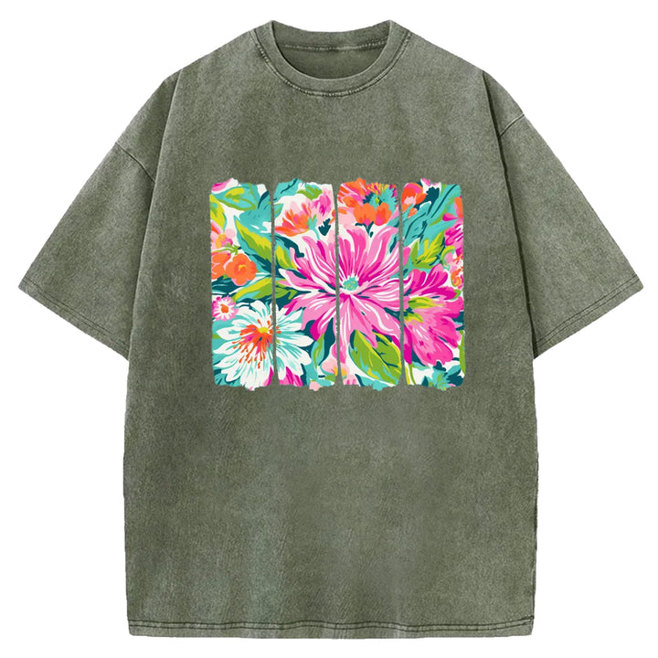 Preppy Floral Brushstroke Washed Crew Neck T-Shirt