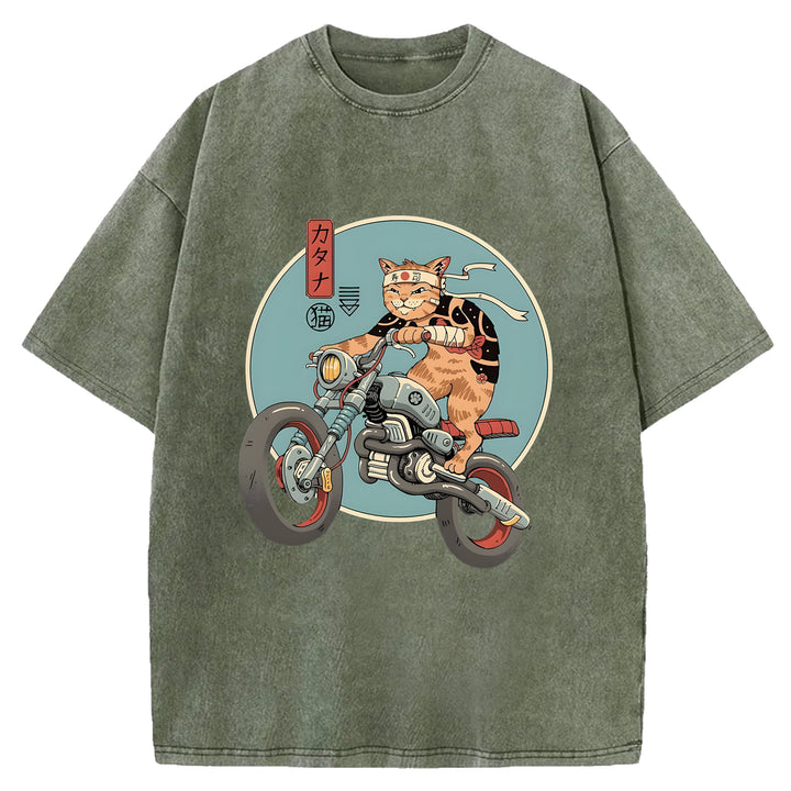 Cat on a Motorcycle Washed Crew Neck T-Shirt