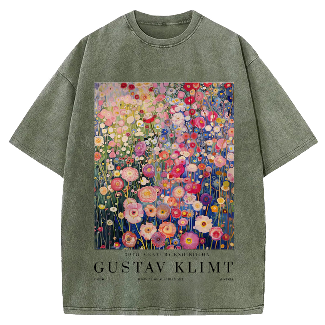 Gustav Klimt Print Vintage Design Washed Crew Neck T-Shirt