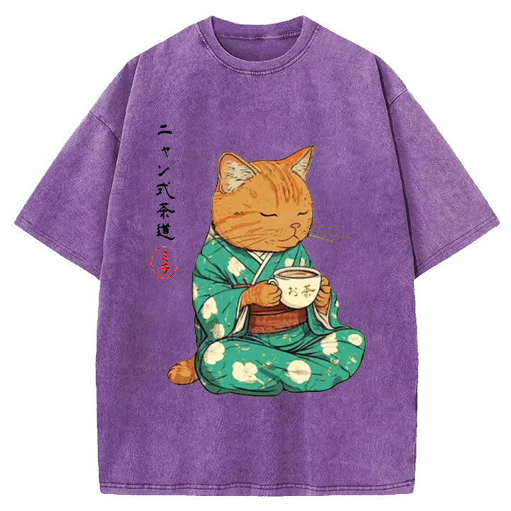 Japanese Cat Tea Washed Crew Neck T-shirt