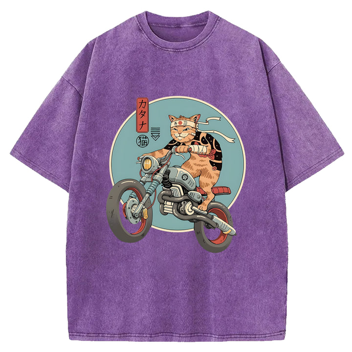 Cat on a Motorcycle Washed Crew Neck T-Shirt