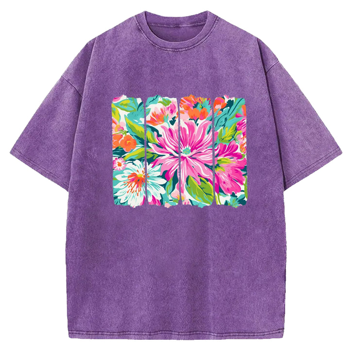 Preppy Floral Brushstroke Washed Crew Neck T-Shirt