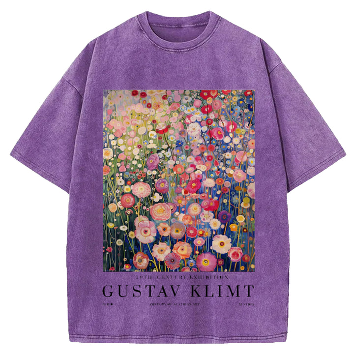Gustav Klimt Print Vintage Design Washed Crew Neck T-Shirt
