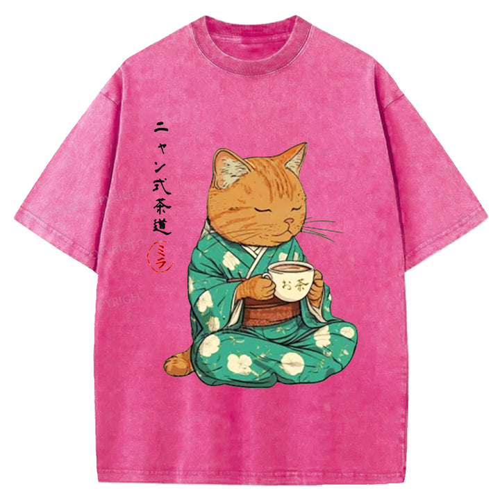 Japanese Cat Tea Washed Crew Neck T-shirt