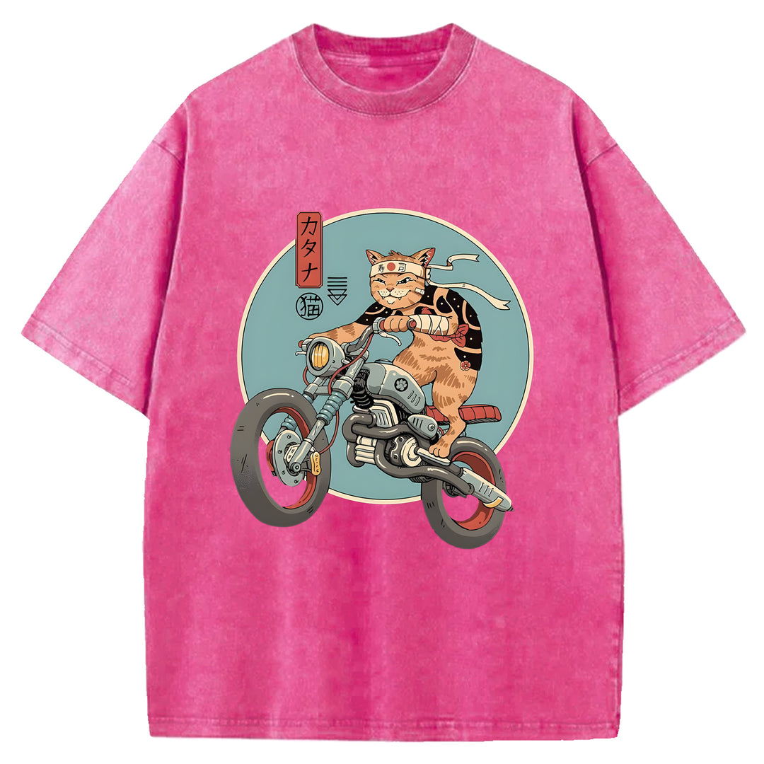 Cat on a Motorcycle Washed Crew Neck T-Shirt