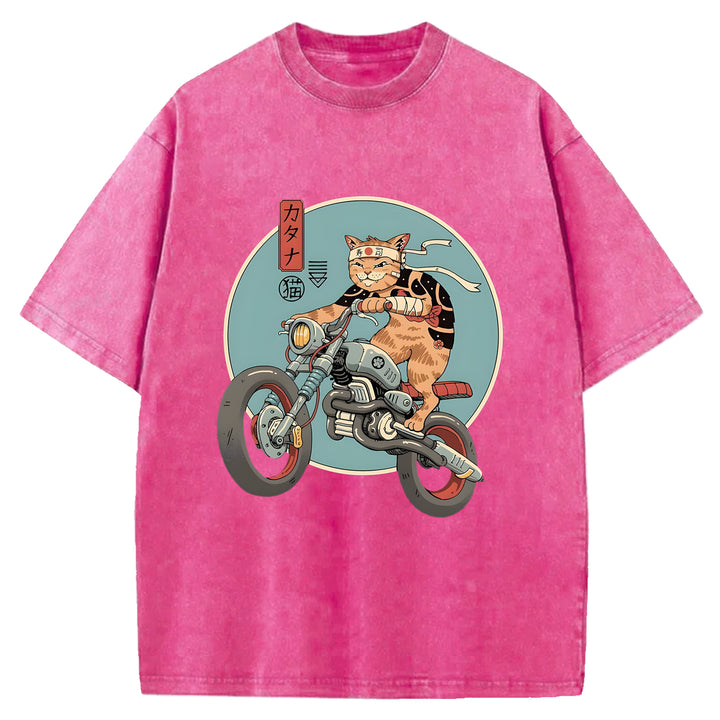 Cat on a Motorcycle Washed Crew Neck T-Shirt