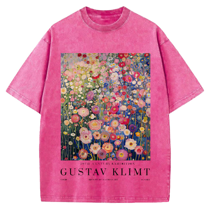 Gustav Klimt Print Vintage Design Washed Crew Neck T-Shirt