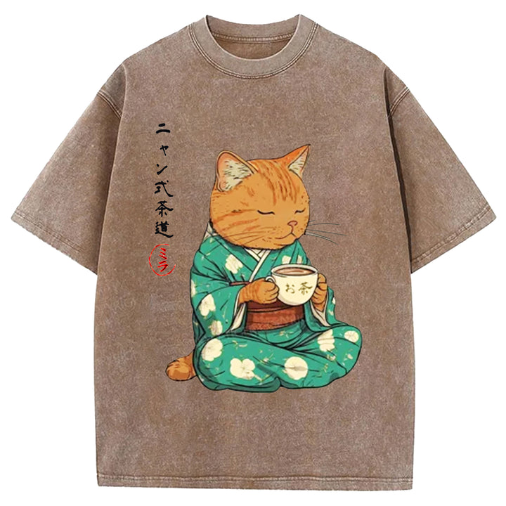 Japanese Cat Tea Washed Crew Neck T-shirt