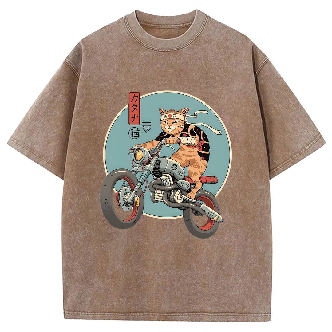 Cat on a Motorcycle Washed Crew Neck T-Shirt