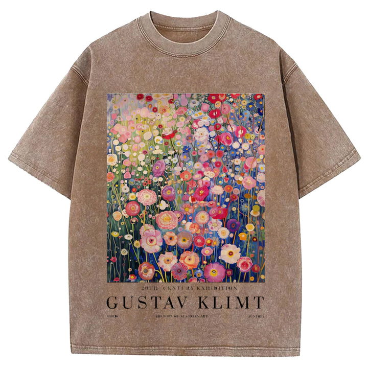 Gustav Klimt Print Vintage Design Washed Crew Neck T-Shirt
