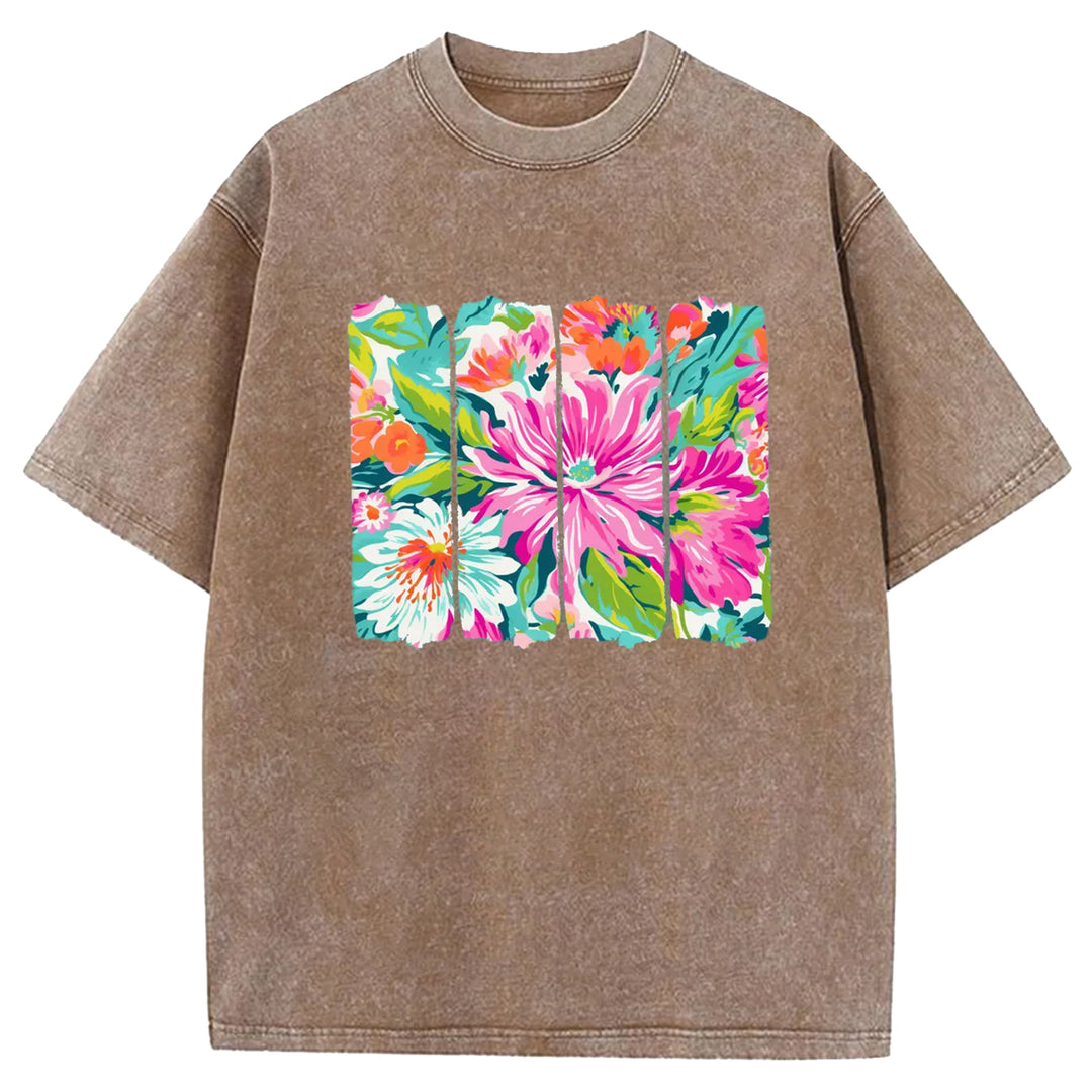 Preppy Floral Brushstroke Washed Crew Neck T-Shirt