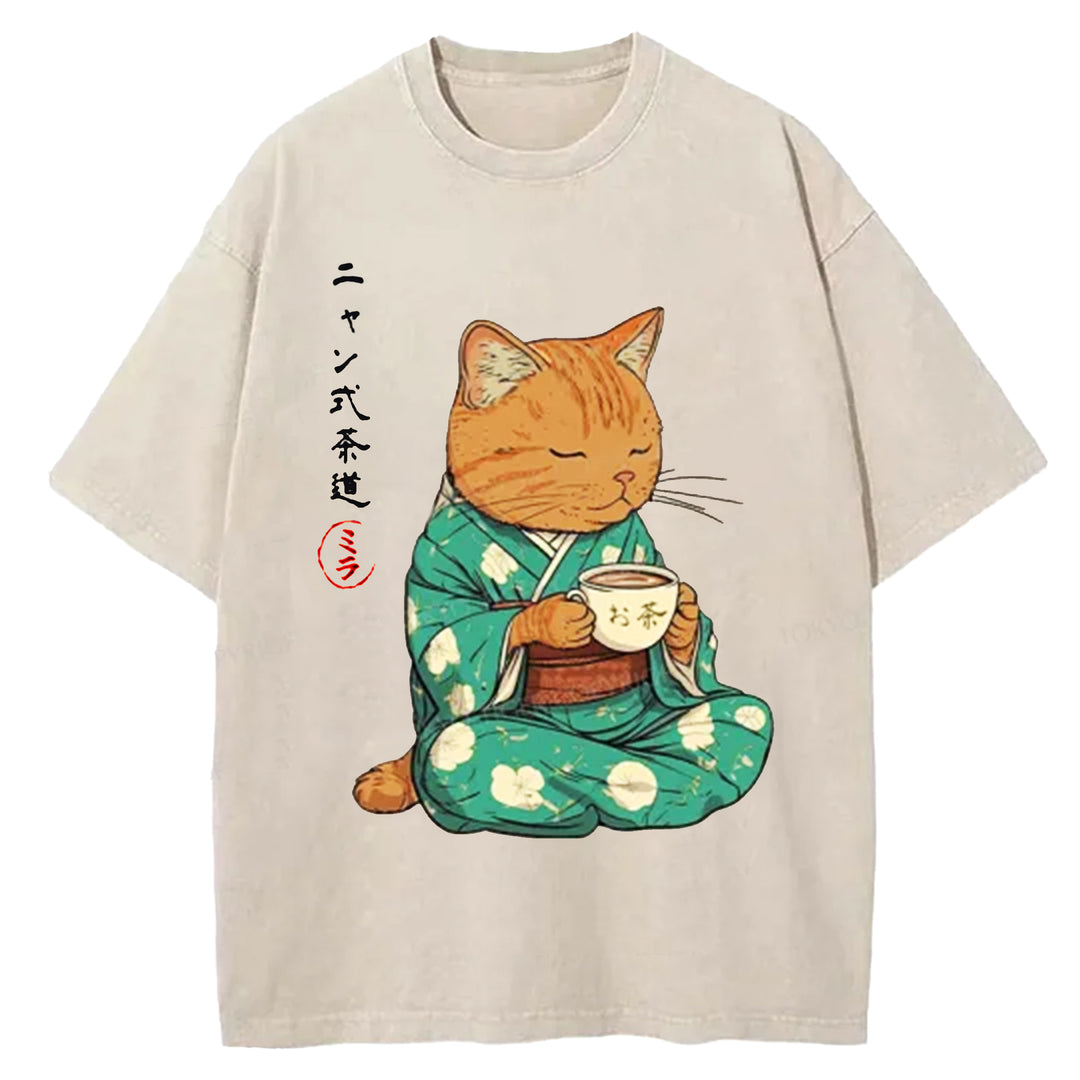 Japanese Cat Tea Washed Crew Neck T-shirt