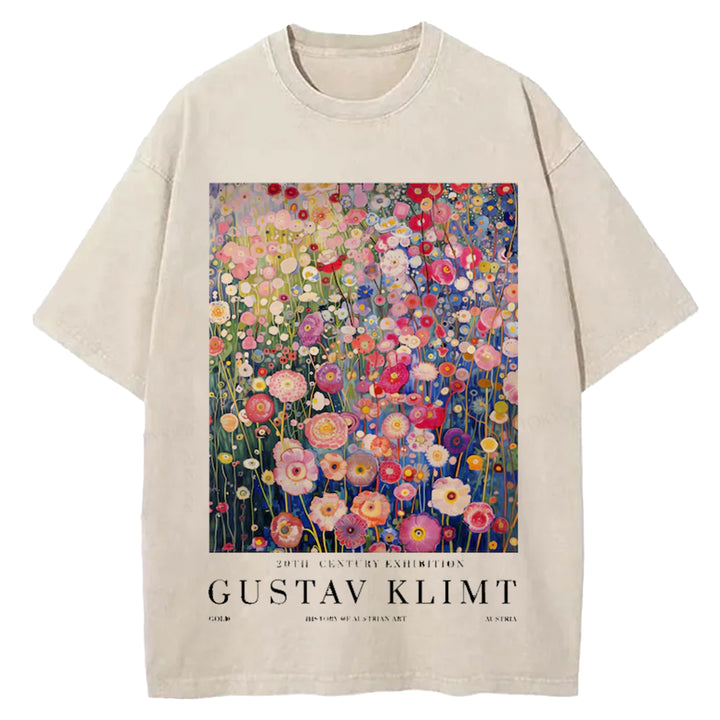Gustav Klimt Print Vintage Design Washed Crew Neck T-Shirt
