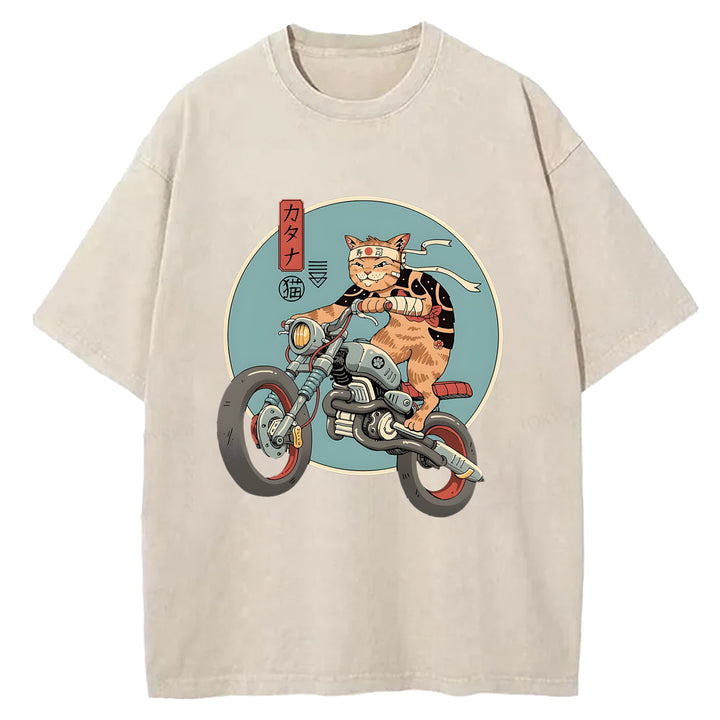 Cat on a Motorcycle Washed Crew Neck T-Shirt