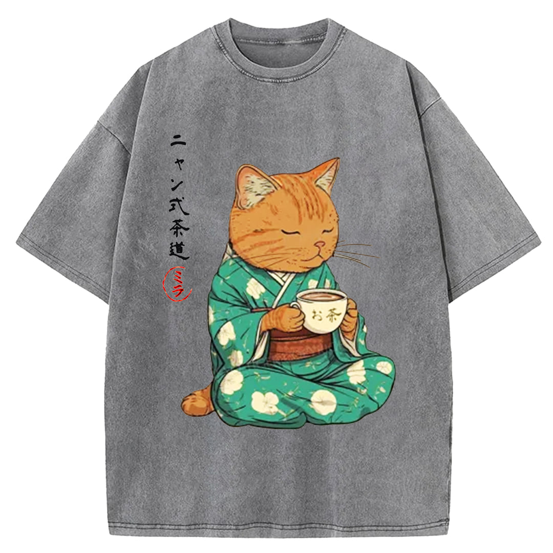Japanese Cat Tea Washed Crew Neck T-shirt