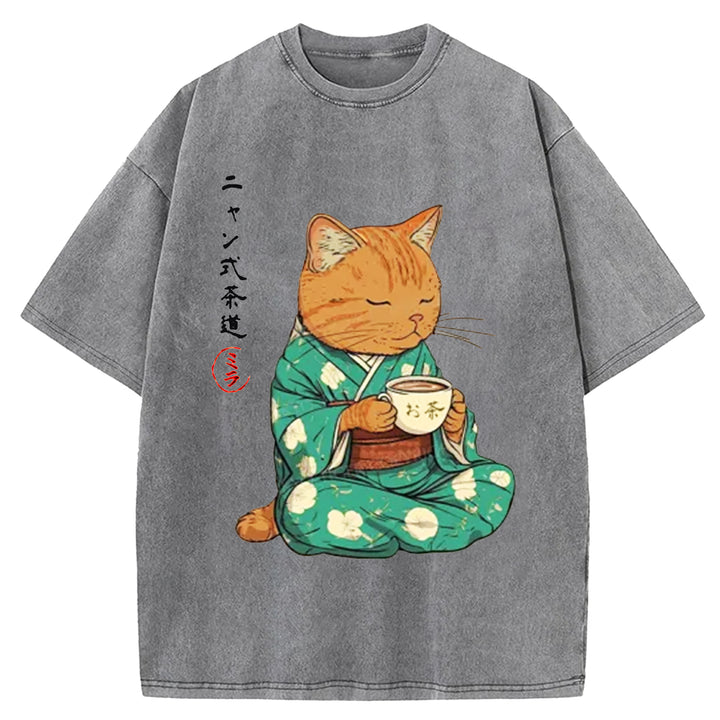 Japanese Cat Tea Washed Crew Neck T-shirt