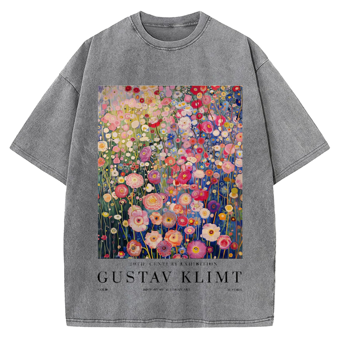 Gustav Klimt Print Vintage Design Washed Crew Neck T-Shirt