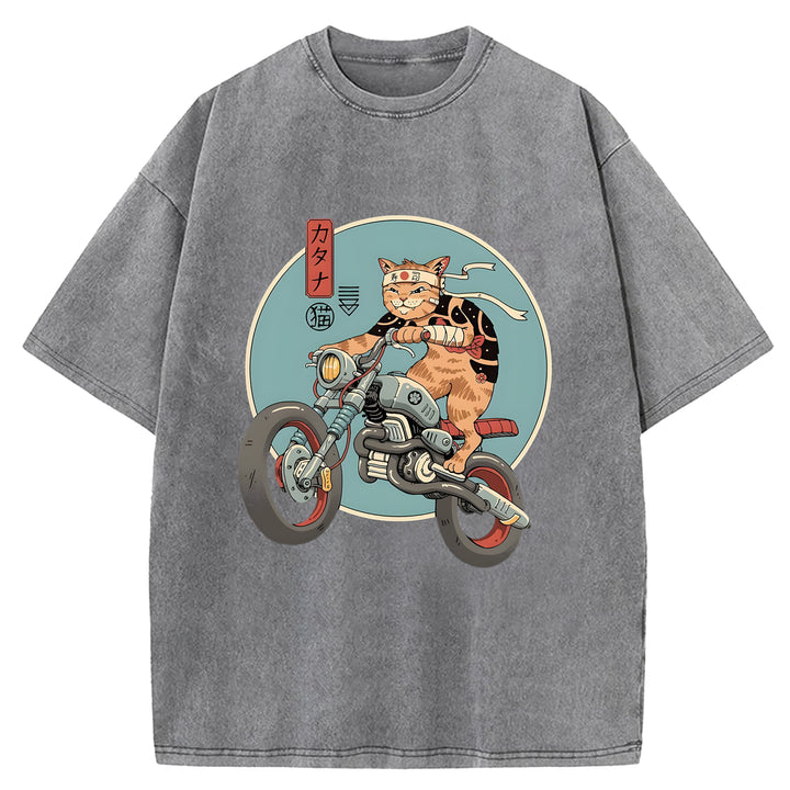 Cat on a Motorcycle Washed Crew Neck T-Shirt