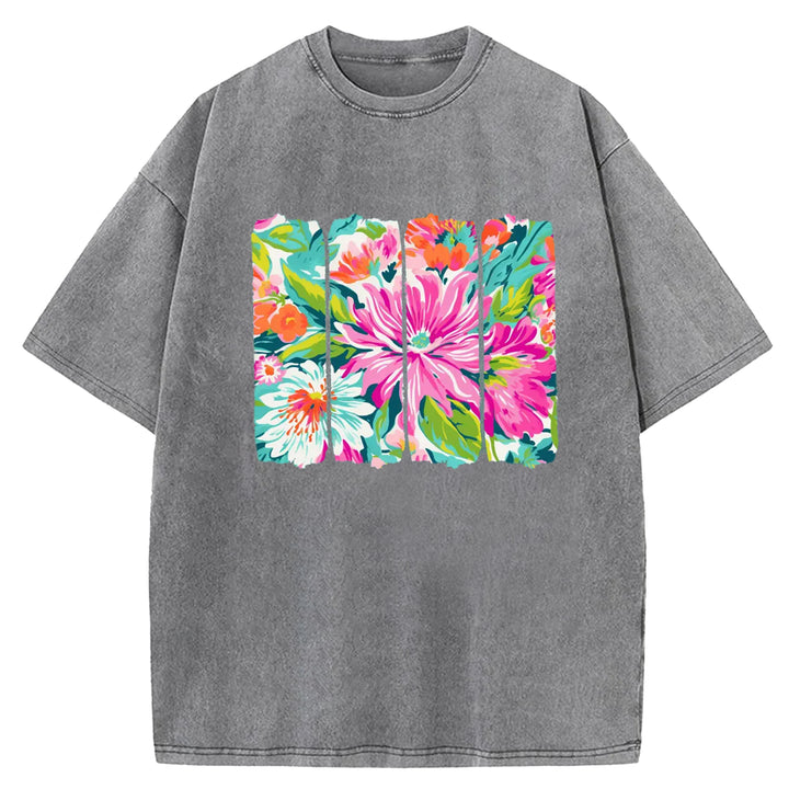 Preppy Floral Brushstroke Washed Crew Neck T-Shirt