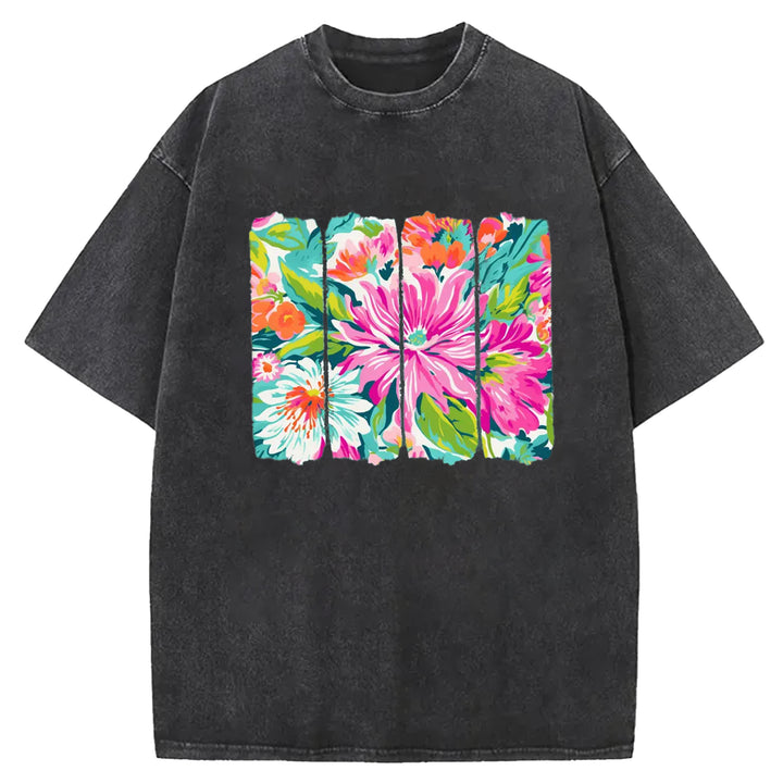 Preppy Floral Brushstroke Washed Crew Neck T-Shirt