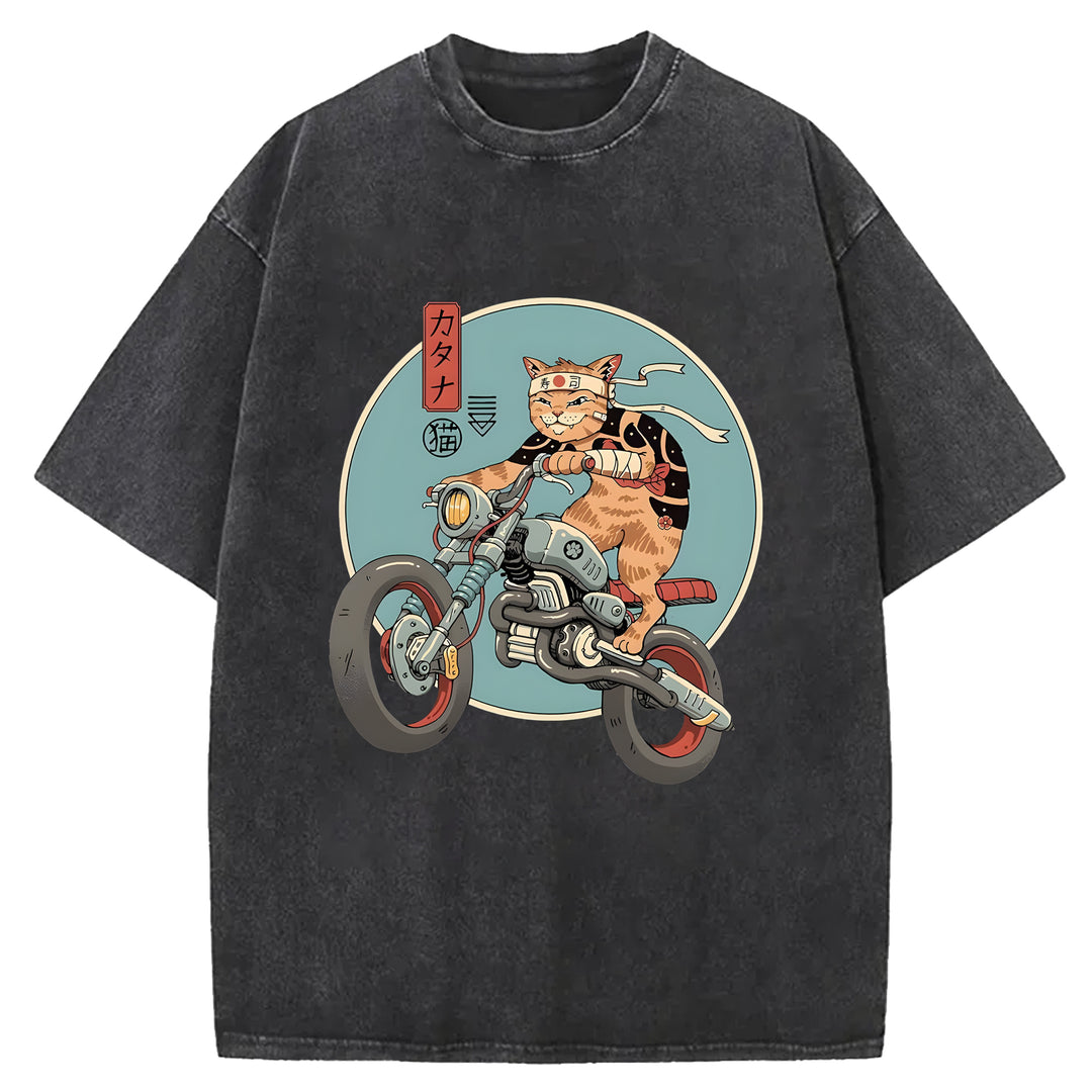 Cat on a Motorcycle Washed Crew Neck T-Shirt