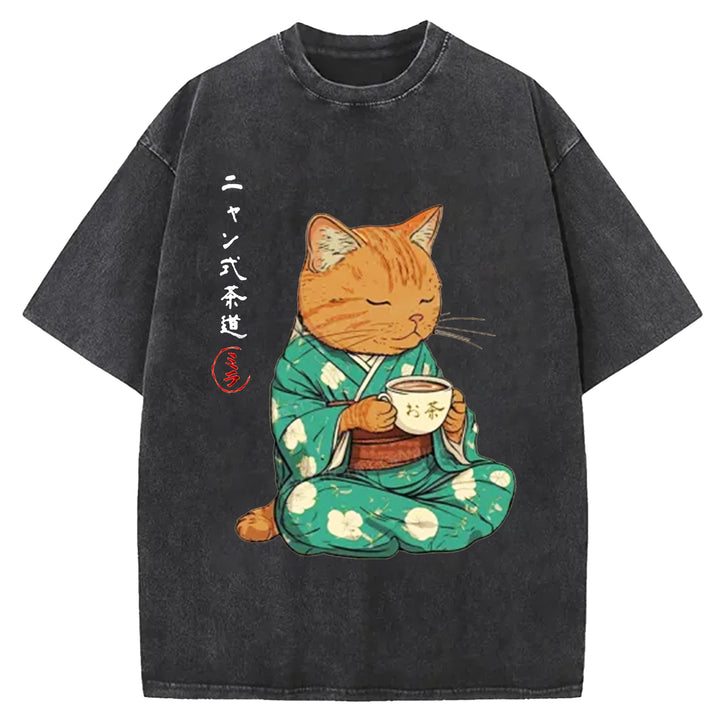 Japanese Cat Tea Washed Crew Neck T-shirt