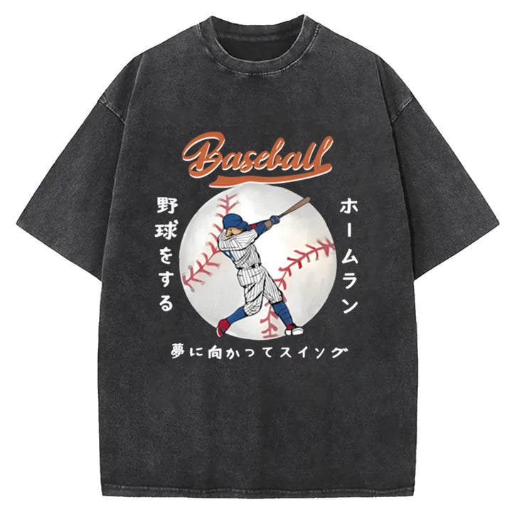 Japanese Baseball Player Washed Crew Neck T-Shirt