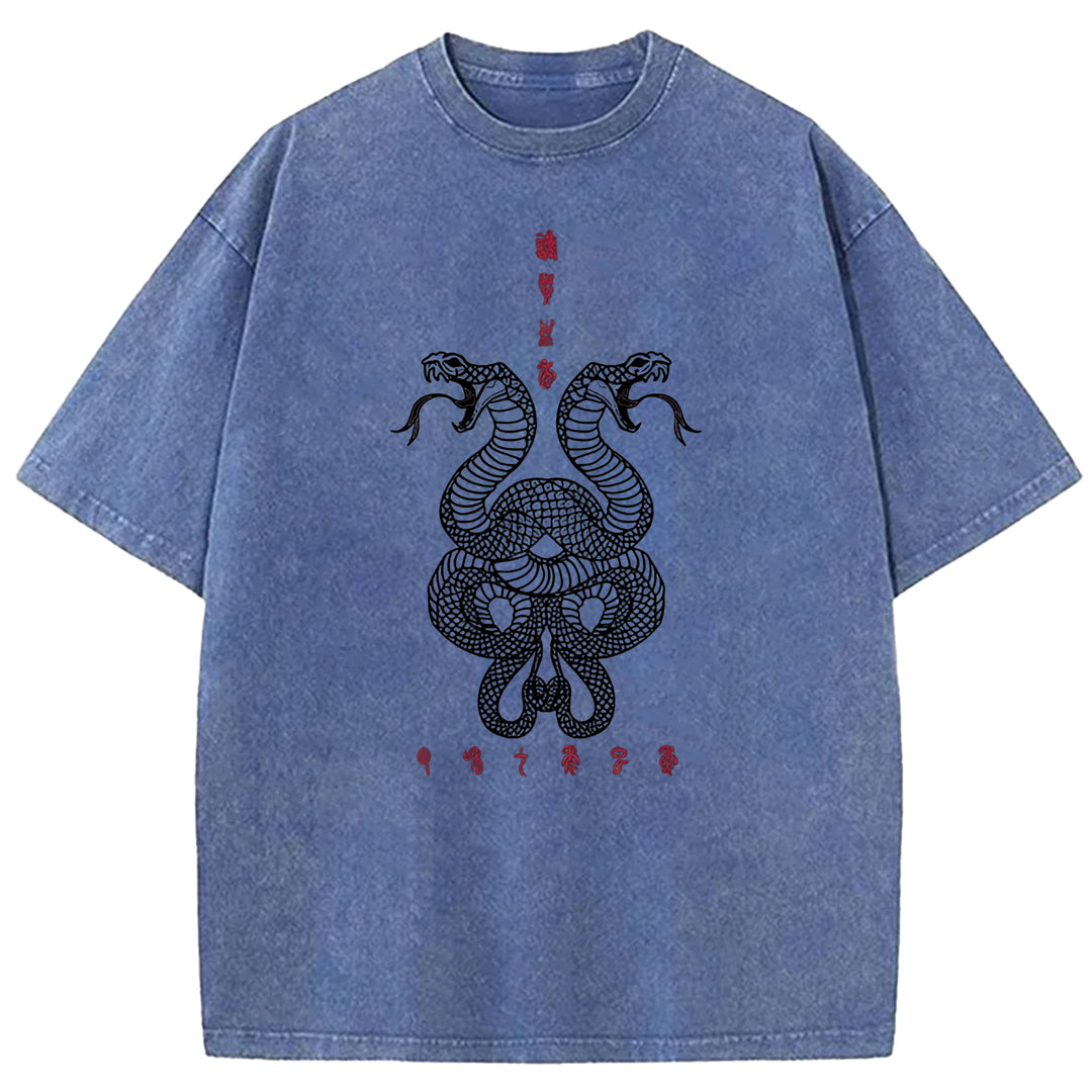 Double Snakes Encircling Washed Crew Neck T-Shirt