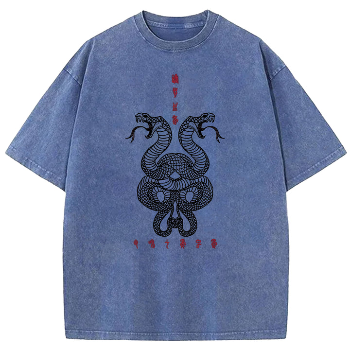 Double Snakes Encircling Washed Crew Neck T-Shirt