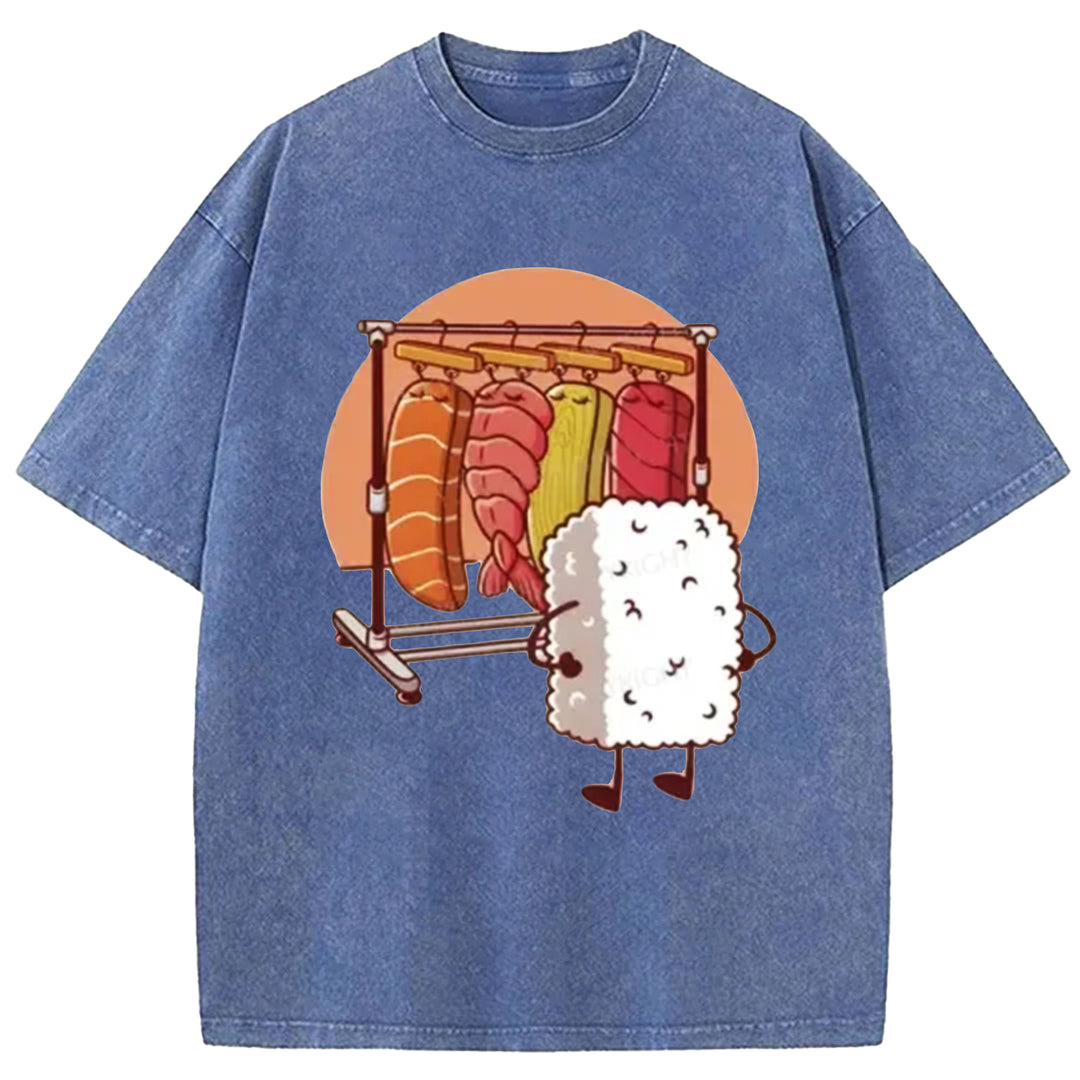 Funny Rice Sushi Washed Crew Neck T-shirt